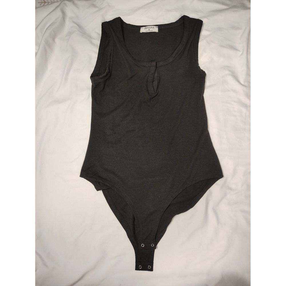 Zenana Black Sleeveless‎ Notch Neck Bodysuit MT-9021BA Womens Medium